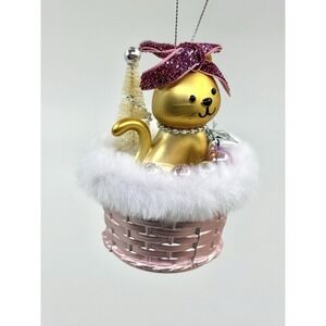 Sparkle Pink Cat in Silver Basket Christmas Ornament Cracker Barrel New Read*